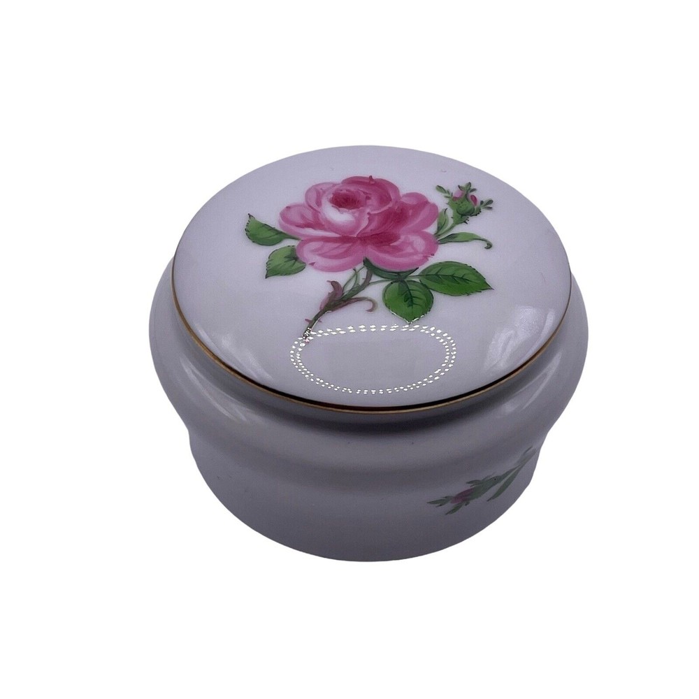 Meissen Hand Painted Floral German Rose Trinket Box Crossed Swords Orig Sticker